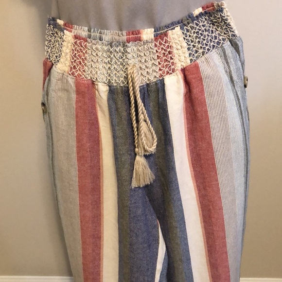 Westbound Sm Stripe Print Mid Rise Pocketed Drawstring Waist Linen Pants NWOT - Picture 3 of 10